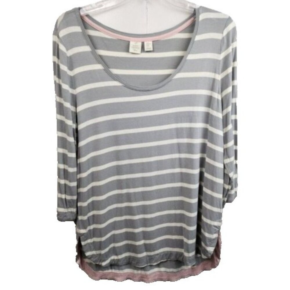 Saint‎ Tropez West Womens Tunic Top Medium Gray White Striped Hi-Low 3/4 Sleeve